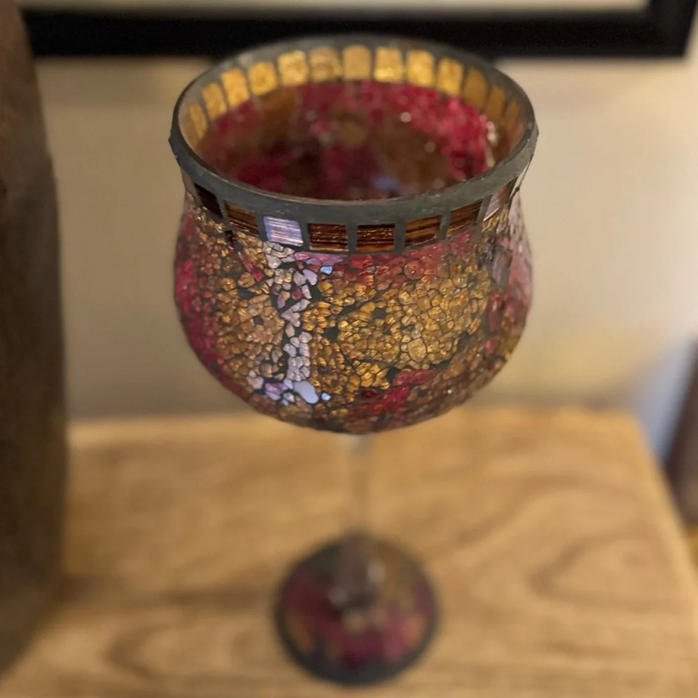 Pier 1 Large Mosaic Stain Glass Pedestal candle Holders - vintage Y2K